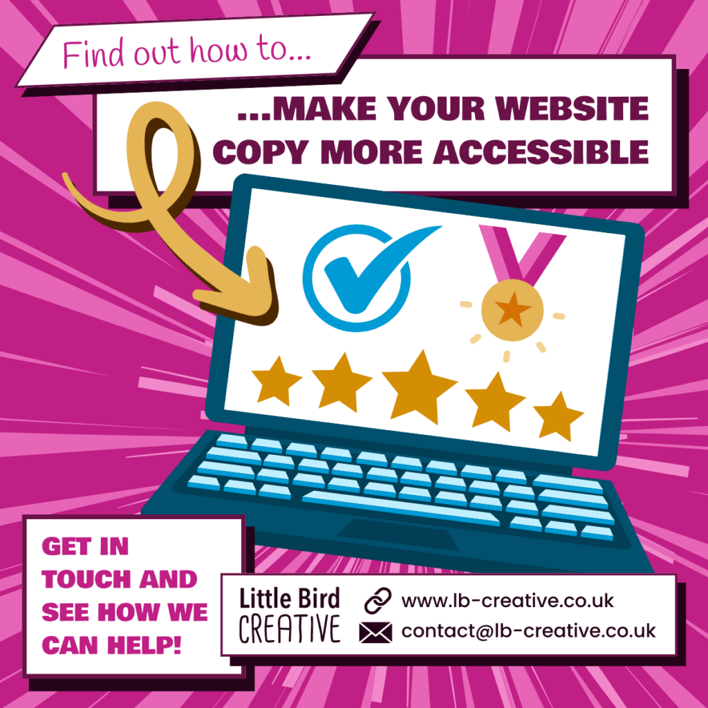 A laptop with stars and medals on the screen. Text reads "find out how to make your website copy more accessible"