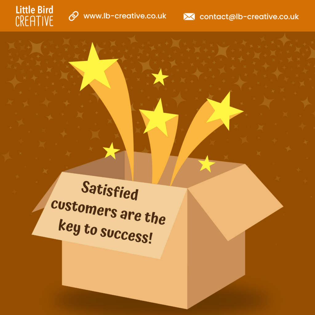 Box with stars shooting out of it, with text that reads "satisfied customers are the key to success."