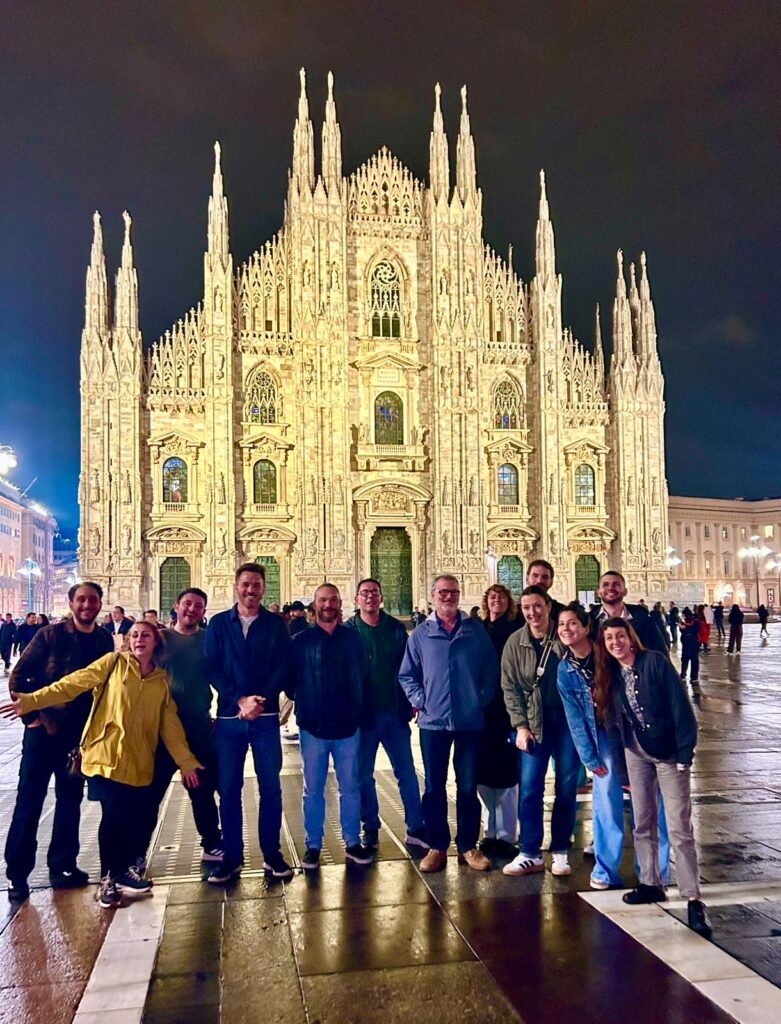 Little Bird Emma and the rest of the crew from her video-editing trip to Milan, standing in front of the Duomo Cathedral.